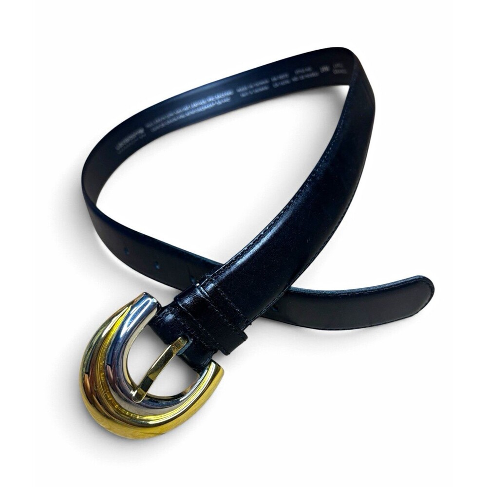 Vintage Liz Claiborne Black Leather Belt Large Mixed Metal Silver Gold Buckle